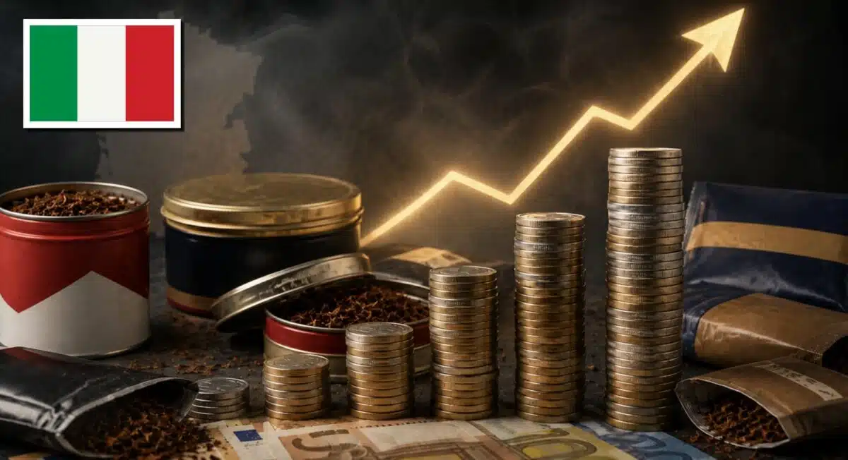 Pots de tabac a rouler, pieces de monnaie et drapeau italien